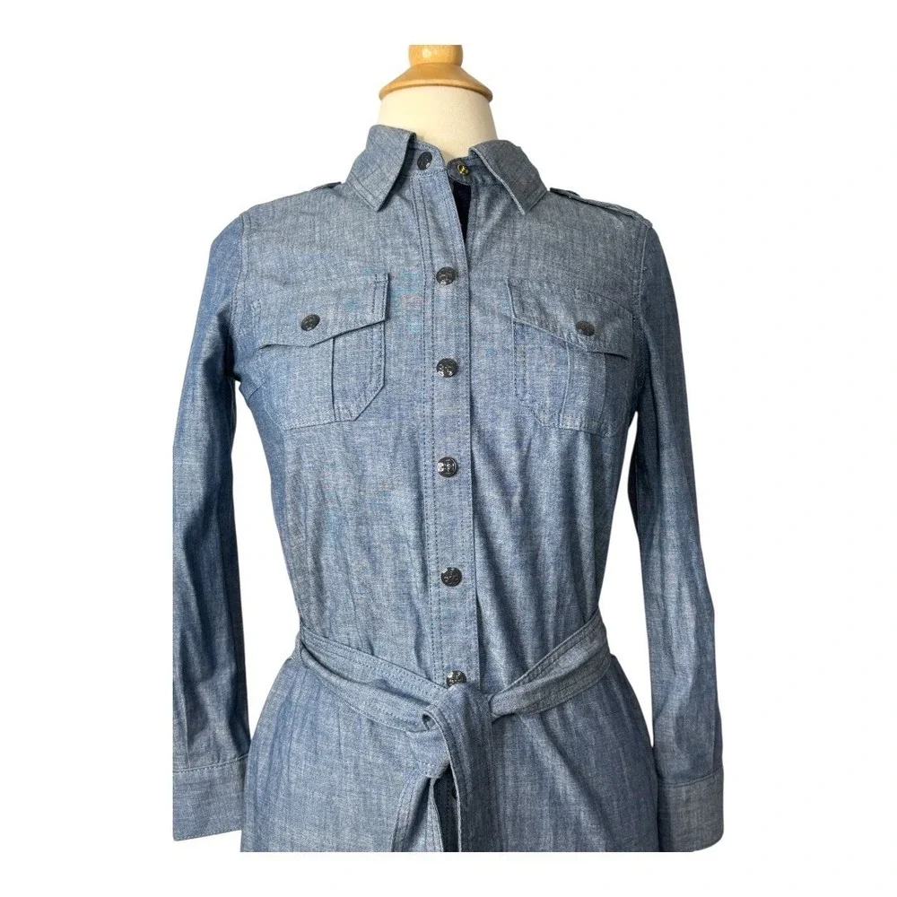 Tory Burch Chambray‎ Shirt Dress Size 2 Blue Belted Military Utility Long Sleeve